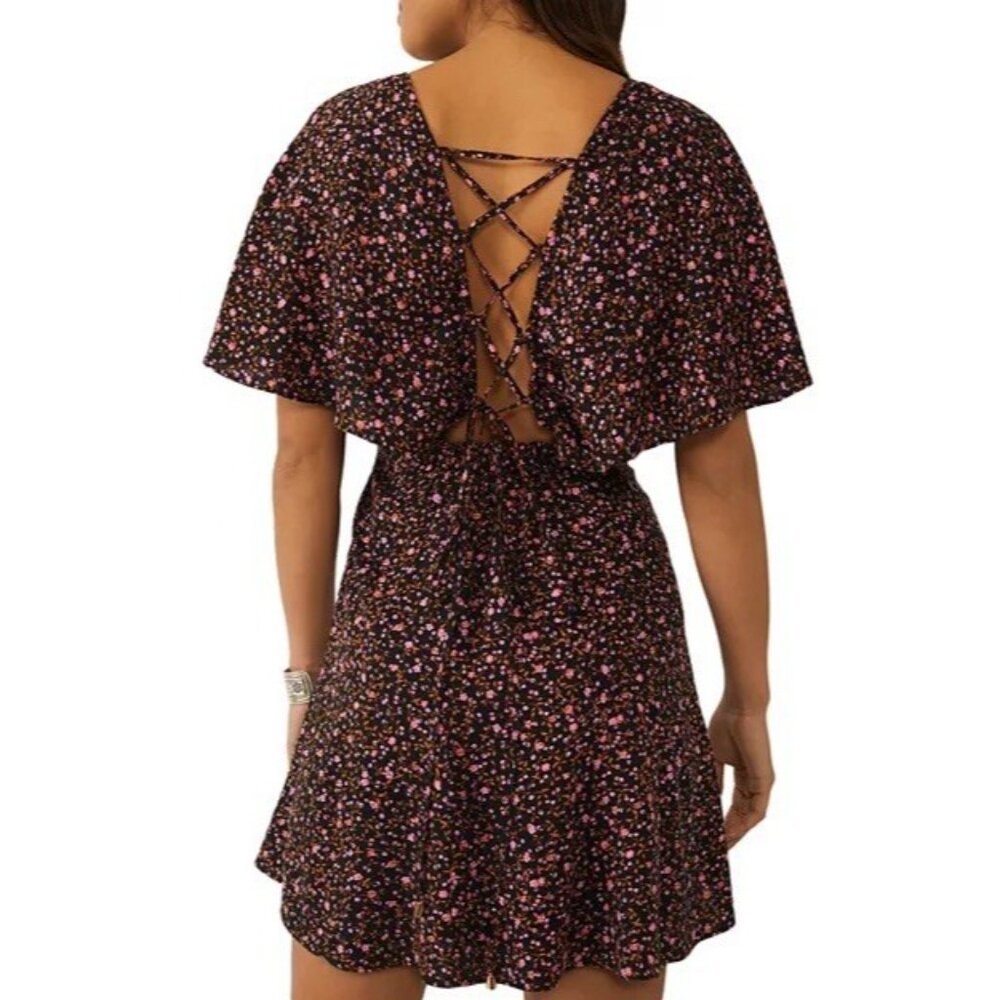 Free People Women's Florence Tie Floral Mini Dress Size Small Boat Neck - Picture 3 of 14